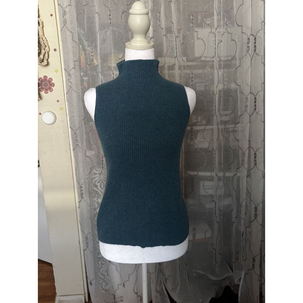 Halston Womens L 100% Cashmere Sweater Teal Sleeveless Ribbed Turtleneck Top